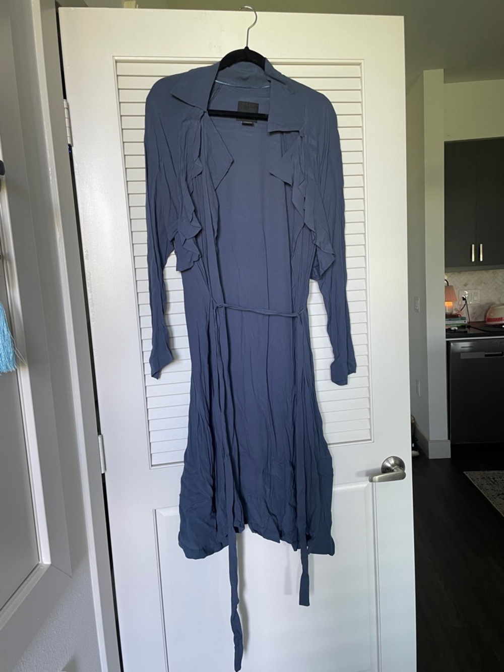 Trouve Slate Blue Ruffle Trench Coat